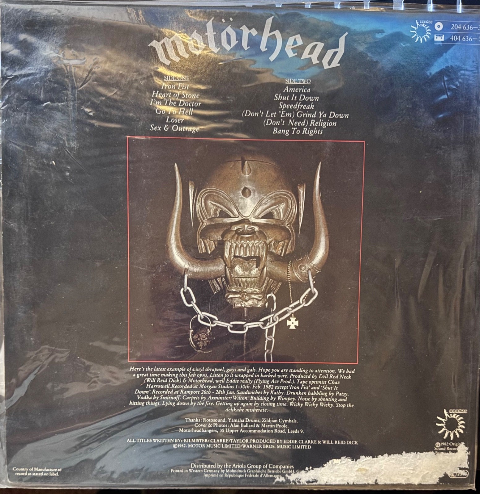 Motörhead Iron Fist LP 1982 German Bronze Records Original Press S 204 636 VG+ P1